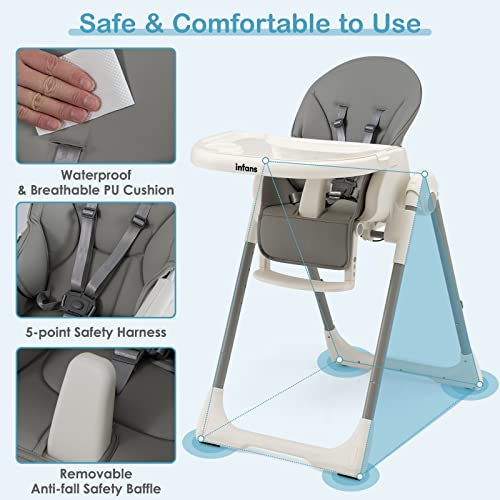 Image of INFANS High Chair for Babies and Toddlers, Foldable Highchair with 7 Different Heights 4 Reclining Backrest Seat 3 Setting Footrest, Removable Tray Built-in Rear Wheels with Locks (Grey)