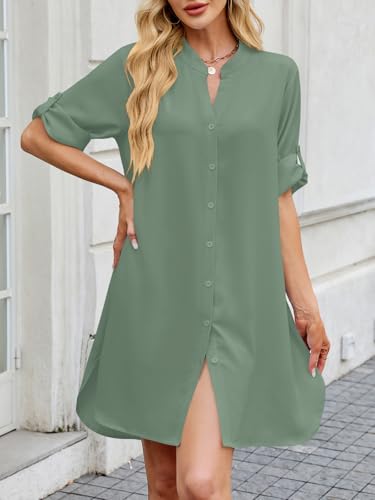 Image of PerZeal Womens Sexy V Neck Button Down Shirt Dresses Summer Short Sleeve Casual Loose Blouses & Button-Down Shifts Cover Ups