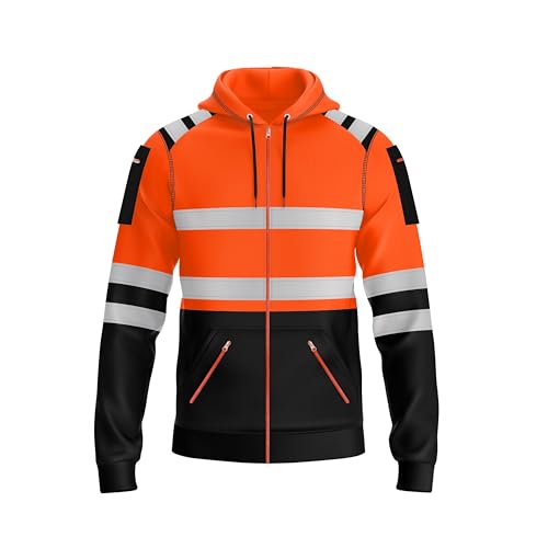 trending babz Mens Hi Vis Zipper Hoodie Sweatshirt Safety Work High Viz Reflective Tape Multi Zipped Pockets Hoodie Yellow Orange High Visibility Sweatshirt Top