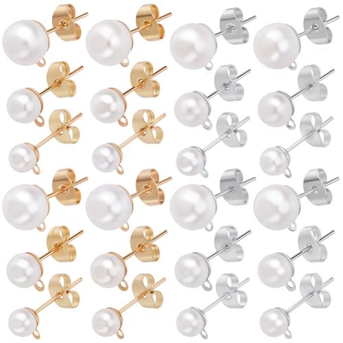 SOFPLATE 1 Box 120Pcs Pearl Earring Posts Hypoallergenic Pearl Earring Posts Stainless Steel with Imitation Beads and Loop Butterfly Back Silver Ear Studs for Jewelry Making Supplies DIY Crafts