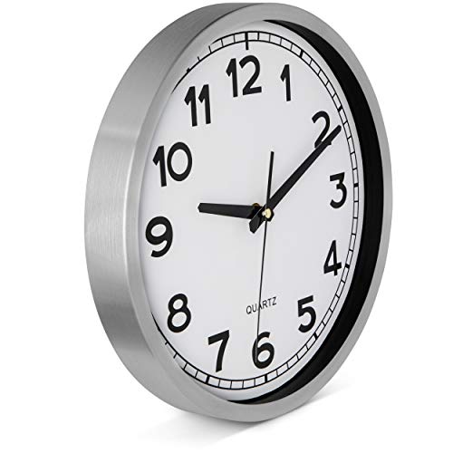 Image of Bernhard Products Wall Clock Silent Non-Ticking Large 12 inch Metal Quartz Battery Operated Easy to Read Office Classroom Kitchen Living Room Bathroom Sweeping Clocks, Silver Frame Black Modern Numbers