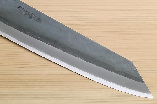 Image of Yoshihiro Kurouchi Black-Forged High Carbon Blue Steel Stainless Clad Kiritsuke Japanese Multipurpose Knife Ebony Handle (9.5 inch (240mm) & Saya)