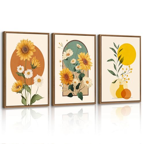 3Pcs Quadri Moderni Boho Arancione Giallo Girasoli Stampa Su Tela Con Cornice, Botanico Fiori Quadro Pittura Giallo Verde Floreale Foglia Stampe Da Parete Decor Per Soggiorno Camera da letto 30x40cmx3