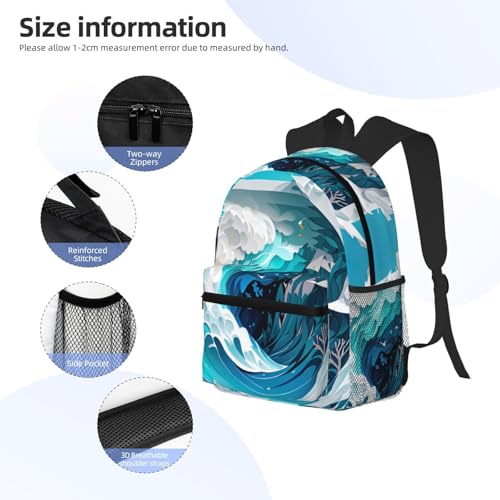 Sac à dos imprimé vagues de l'océan en toile légère et compartiment PC - 5