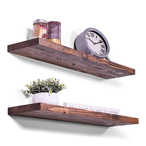 Dakoda Love 36" X 8" Butcher Block Solid Wood Floating Shelves | Premium Handmade Quality | Easy Hidden Bracket Wall Mount | Farmhouse Rustic Pine | Set Of 2 (Bourbon) #TOP2