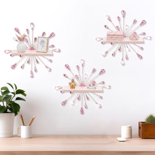 Image of Yaocom 3 Pcs Bling Crystal Floating Shelves Metal Starbursts Wall Decor Folding Shelf Pink Corner Shelves Hanging Wall Mounted for Storage Bedroom Bathroom Living Room Kitchen Office Home Decoration