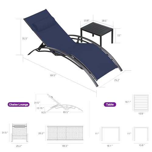 PURPLE LEAF Patio Chaise Lounge Chair Set with 2 Side Table Outdoor Pool Adjustable Recliner Chairs for Outside Beach Poolside Sunbathing Tanning Lounger — view 2