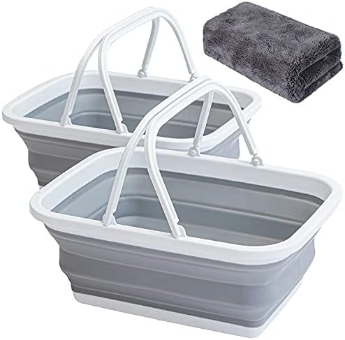AUTODECO 2 Pack Collapsible Sink with Handle Towel, 2.37 Gal / 9L Foldable Wash Basin for Washing Dishes, Camping, Hiking and Home Gray
