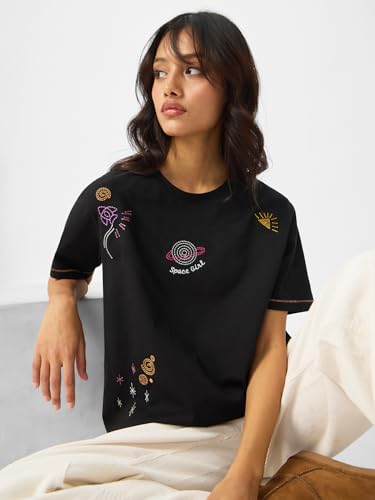 Image of The Souled Store Space Girl Women and Girls Short Sleeves Round Neck Black Graphic Printed Cotton Relaxed Fit T-Shirts