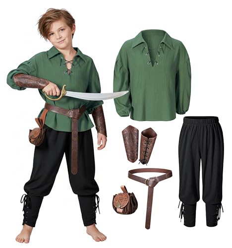 Kids Medieval Viking Pirate Renaissance Tunic Pants Accessories Costume for Boys Cosplay 8-9 Years GN-BK Green Black