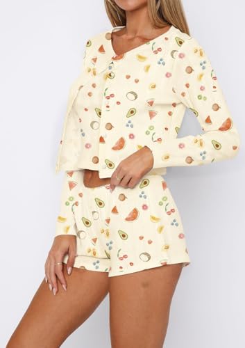 Image of Dressmine Womens Short Pajamas Set Casual 3 Piece Outfits Sets V Neck Fruit Cropped Tops Shorts Y2k Sleepwear Yellow Small