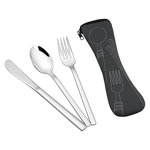 Waikhomes 3 Piece Picnic Cutlery Stainless Steel, Camping Cutlery Set with Case (Grey) Cover