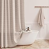 BTTN Boho Farmhouse Shower Curtain, Linen Rustic Heavy Duty Fabric Shower Curtain Set with Tassel, Water Repellent, Bohemian French Country Textured Thick Shower Curtain for Bathroom, Tan/Taupe, 72x72