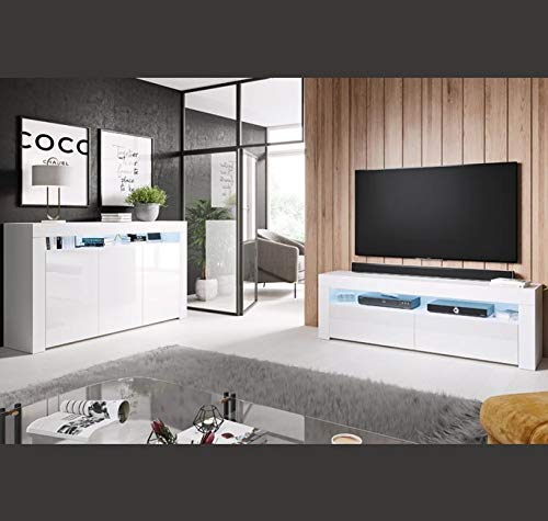 MB Muebles Bonitos | Mueble TV con LED | Mueble TV para Salón Comedor Moderno | Ancho 140 x Alto 50,5 x Profundo 35cm | Aparador TV | Color Blanco | Acabado Brillo | 2 Puertas | Modelo Aker - imagen 4