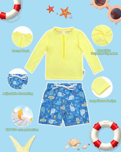 Image of ALVABABY Long Sleeve Rashguards, Baby /Toddler Boys' Rash Guard Sets,Boy Swimsuit UPF 50+Two Piece Bathing Suit