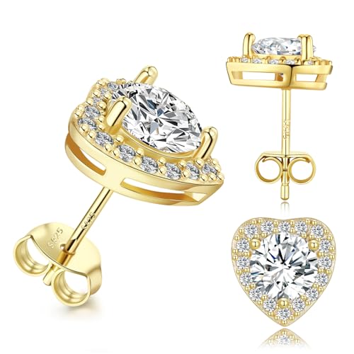 Lyniuoy Moissanite Heart Stud Earrings For Women Men Cubic Zirconia Halo Sparkle Earring 14K Gold Plated 925 Sterling Silver Hypoallergenic Stud Gifts For Women Wife Girlfriend 4.0mm 0.3ct X2