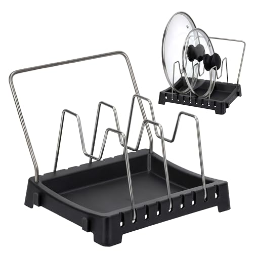 Generico Porta Coperchi Pentole Salvaspazio in Acciaio Inox, Organizer Cucina Compatto con Rivestimento in Silicone Antigraffio, Supporto Coperchi Pentole e Padelle antiscivolo, Idea Regalo Elegante