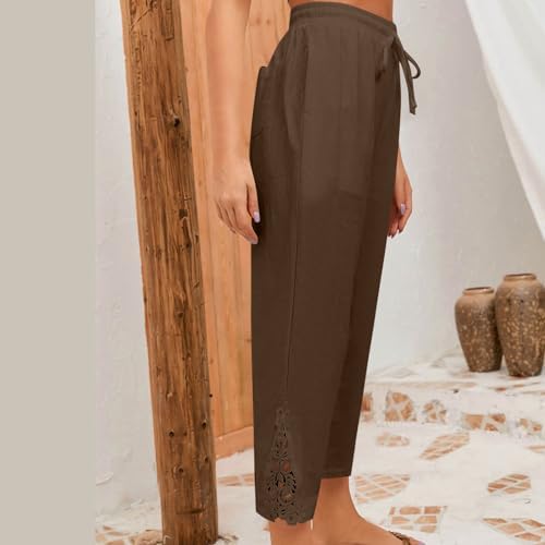 TXGMNA Womens Summer Linen Capri Pants 2026 Fashion Lace Embroidery Splicing Lightweight Boho Beach Capris with Pocket Coffee - 2