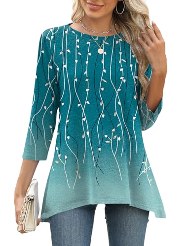 Image of EFFAN T Shirts for Women 2026 Summer Fall Tunic Blouse UK Size 3/4 Sleeve Top Clothes Casual Loose Outfits Blue Wicker S