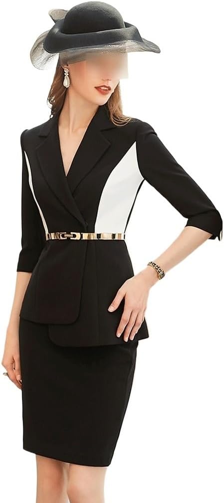 Fashion Spring and Mid-Sleeve Black and White Colorblocking Suit Occupational Wear Thin Formal Belt