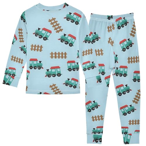 Pajama Sets Long Sleeve Train Tracks and Fence Pattern Soft Comfy Sleepwear 2 Piece PJS 3-8T3