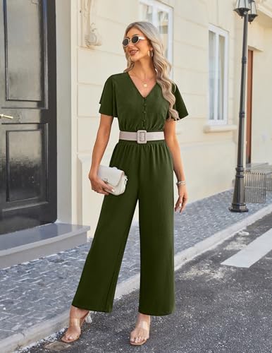 LOOKBOHO Dressy Jumpsuits for Women 2026 Summer Ruffle Short Sleeve Button V Neck Wide Leg Romper One Piece Outfits — view 4
