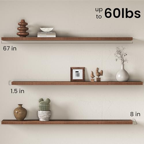 Image of Fun Memories 67Inch Long Floating Shelves, 8 Inch Deep Shelves for Bedroom|Living Room, Wall Mounted Wood Hanging Shelf with Invisible Brackets for Fireplace Mantel Home Storage Decor, Brown - 1 Pack