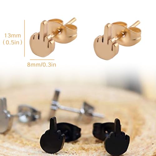 3 Pairs Punk Middle Finger Earrings Stud Cool Stainless Steel 20g Silver 'Fuck You' Studs for Men Funny Male Earings Men’s Earring Jewelry (Gold Black Silver)3