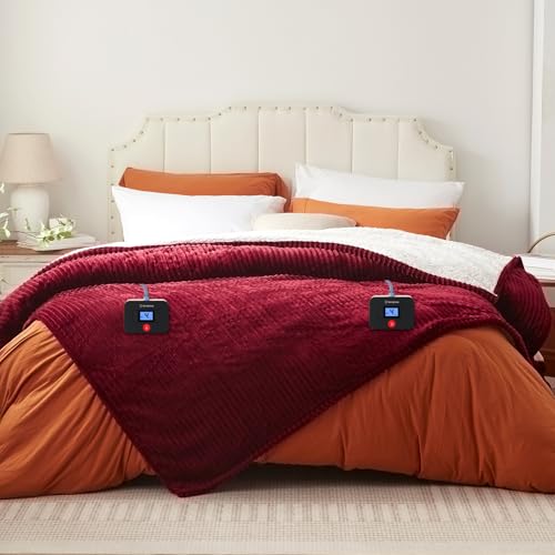 Westinghouse Queen Size Electric Blanket, Flannel to Sherpa Reversible, Heated Blanket Queen with Dual Control 10 Heating Settings & 1-12 Hours Auto Shut Off, Machine Washable, (84" x 90", Red)