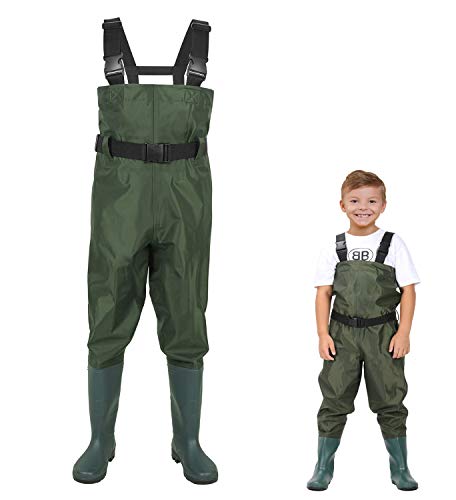 LANGXUN Hip Waders for Kids, Lightweight and Breathable PVC Fishing Waders for Children, Waterproof Bootfoot Waders for Boy and Girl, Army Green Chest Waders for Women