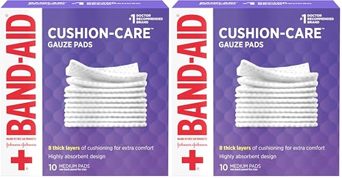 Image of Band-Aid Brand Cushion Care Non-Stick Gauze Pads, Individually-Wrapped, Medium, 3 in x 3 in, 10 ct (Pack of 2)