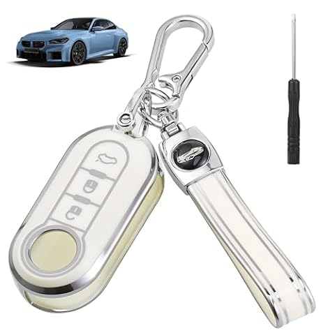 JIZZU Etui na kluczyki samochodowe TPU pasuje do Fiat 500, 500C, 500L, 500X, Brava Bravo, etui na kluczyki samochodowe Fiat, ze śrubokrętem i pierścieniem D, etui na klucze, 3 przyciski z pierścieniem