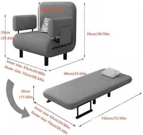 Modern Convertible Sofa Bed with Armrests & Pillows - Pull-Out Sleeper Chair, Cotton & Linen Fabric, Compact Lounge Couch with Sponge Mattress for Living Room & Small Spaces (Gray, 192 x 65 x 28cm)
