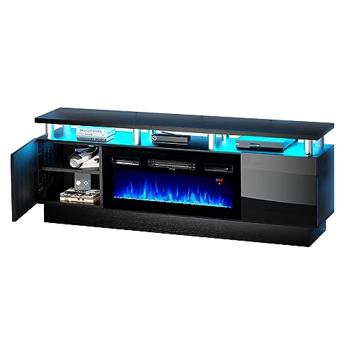 Jolydale Fireplace TV Stand with 36" Electric Fireplace,2 Tier TV Console Stand, LED Light Entertainment Center, for TVs Up to 80", Fireplace for The Living Room TV Stand,(Black)
