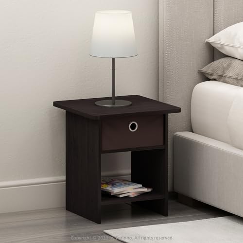 Image of Furinno Dario End Table / Side Table / Night Stand / Bedside Table with Bin Drawer, 1-Pack, Dark Walnut | 1x Storage Bin, Round Corner Night Stand with Open Back Shelf, Bedside Table, for Living Room, Bedroom