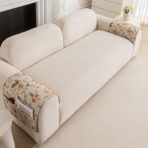Image of HOMETHREADS Anti-Skid Sofa Protector Mat: Premium Printed Cotton Slipcover with Strong PVC Non-Slip Backing, (White Green, 2Pc Armrest Mat | 50x75cm)