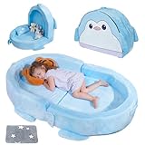 BUMNANA Portable Toddler Bed Folding Toddlers Floor Beds for Kids Foldable Soft Foam Travel Bed for Baby, Washable Cover Toddler Cot with Safety Rail for Travel, Home/Travel Sleep (Penguin)
