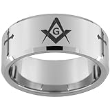 Custom Jewelry 10mm Tungsten Carbide Freemason Masonic Square and Compass and Christian Cross Ring size 6 1/2