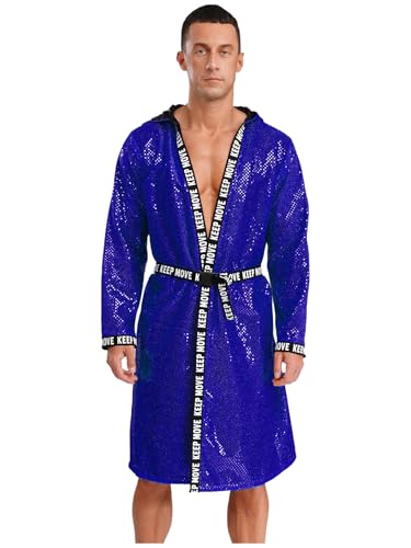 Yruioon Abrigo de boxeador para hombre, kickboxer, bata de kickboxer, con lentejuelas, abrigo de boxeo con cinturón, capucha, manga larga, abrigo de boxeo, chaqueta deportiva, azul real, M
