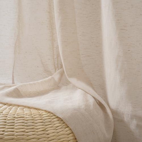 Image of FMFUNCTEX Linen Sheer Curtains for Bedroom, Taupe Curtains 96 inches Long for Living Room, Brown Farmhouse French Flax Blend Window Draperies, Rod Pocket 2 Panels Set