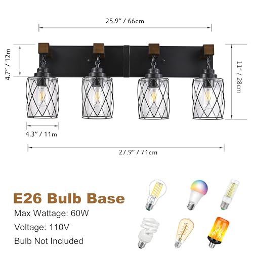 Image of Bathroom Light Fixtures, Farmhouse Wood & Black Metal with Glass Shade | 4 Light Rustic Vanity Lights, Mounted Over Mirror For Bathroom, Bedroom and Hallway, Easy To Install