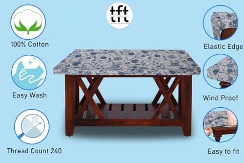 Image of The Furnishing Tree Elastic Cotton Rectangular Center Table Cover 24x60 in Inches Floral Blue on White Base