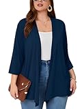 AusLook Women's Plus Size Lightweight Open Front Cardigan Dark Blue 2X Causal 3/4 Sleeve Cover Ups Shrugs Tops Shawls and Wraps Kimono Jacket Coat
