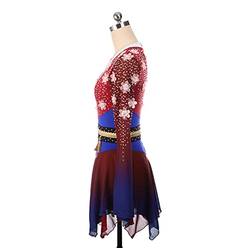 Vestido de Patinação Artística, Gradiente Bordado Flor Strass Estilo Antigo Competição de Patinação