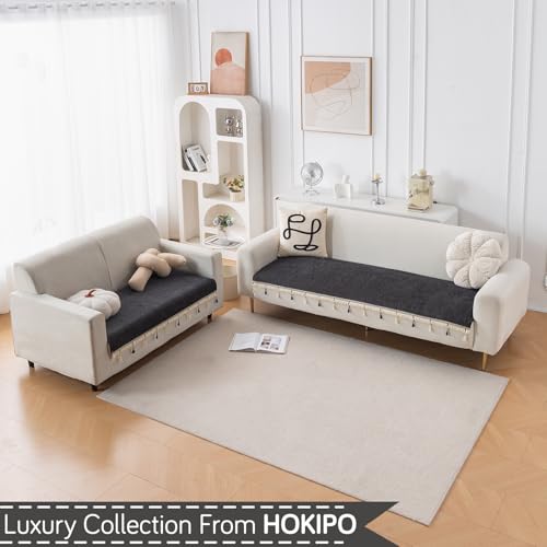 Image of HOKIPO 'Serenity Tassel' Chenille Sofa Cover 5 Seater Set with Tassels - Washable 3+2 Sofa Cover Mat | Midnight Graphite (IN-891 + IN-892 - DGRY)