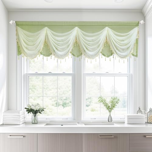 Gxi Scallop Kitchen Curtain Linen Sheer Curtain Valance For Living Room Rod Pocket Voile Curtain Beaded Curtain Tulle For Bathroom Window Treatment Valance 1 Panel thumb #2