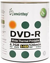 Smartbuy 100-disc 16x 4.7gb/120min DVD-R White Thermal Hub Printable Disc