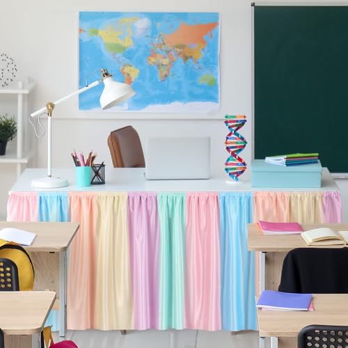 Image of Oudain Macaroon Table Skirt for Teacher Desk 29.5 inch x 13.8 ft Colorful Wrinkle Table Cover Skirt Macaroon Birthday Party Decorations for Classroom Kidney Shaped Desk Back to School Supplies