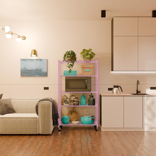Image of 5-Shelves Wheels Heavy Duty Steel Storage Rack | Multipurpose Shelving Unit for Kitchen, Home & Utility