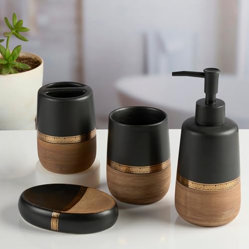 Image of SaSaSa Ceramic Bathroom Accessories Set of 4 - Stylish Bath Set with Liquid Soap Dispenser, Toothbrush Holder, Tumbler and Soap Dish for Modern Bathroom Decor, Black /Brown (11989)